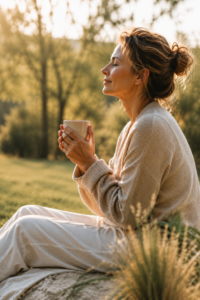 Spokojny wellness lifestyle dla kobiet 40+ — kawa, notes i naturalne rytuały wspierające zdrowe życie bez perfekcji.