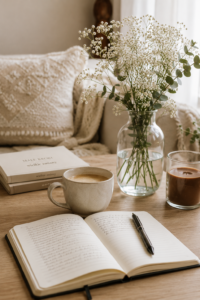 Minimalistyczny wellness lifestyle — kawa, notes, świeże kwiaty i spokojny poranek w naturalnym świetle.