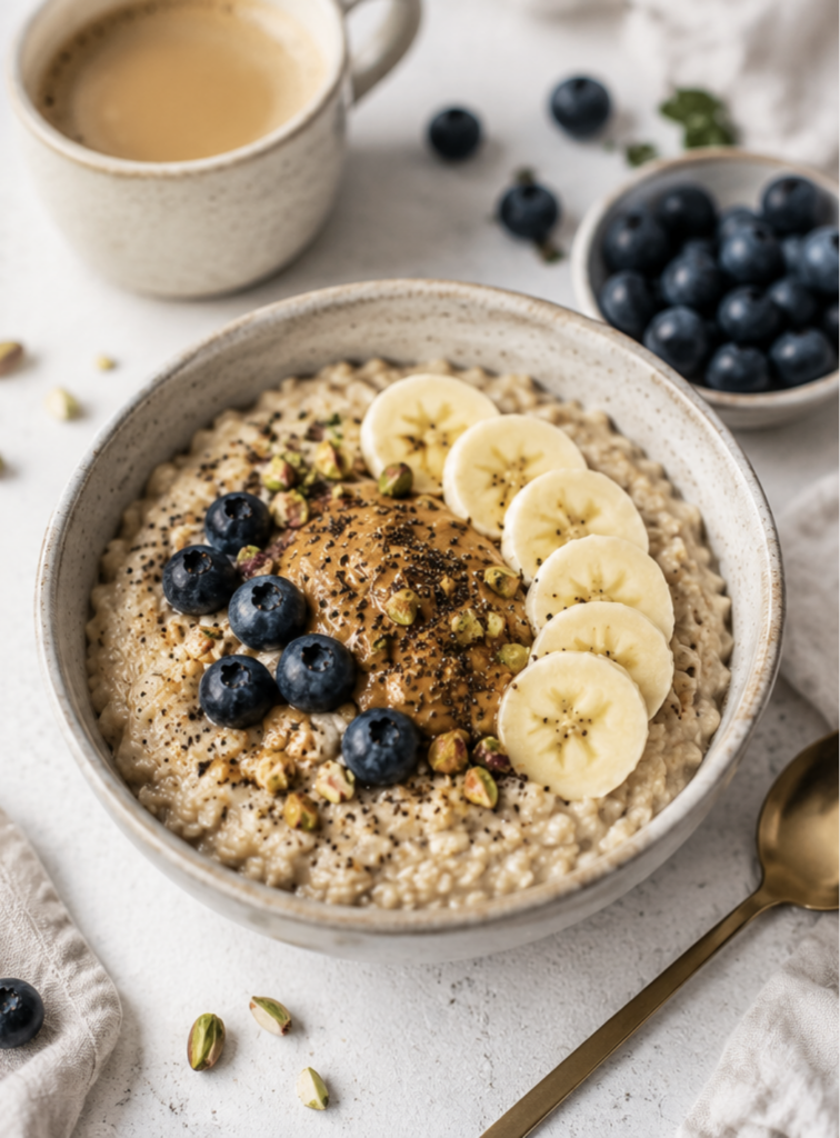 Owsianka high protein z bananem, borówkami i masłem orzechowym — zdrowe śniadanie dla kobiet 40+.