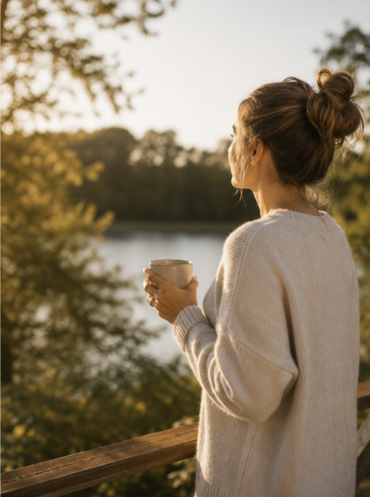 Kobieta 40+ z kubkiem kawy podczas spokojnego poranka — wellness lifestyle wspierający regenerację i więcej energii.