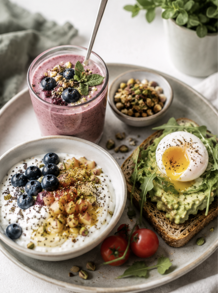 Smoothie proteinowe, jogurt z owocami i tost z jajkiem oraz awokado — wysokobiałkowe śniadanie dla kobiet 40+.