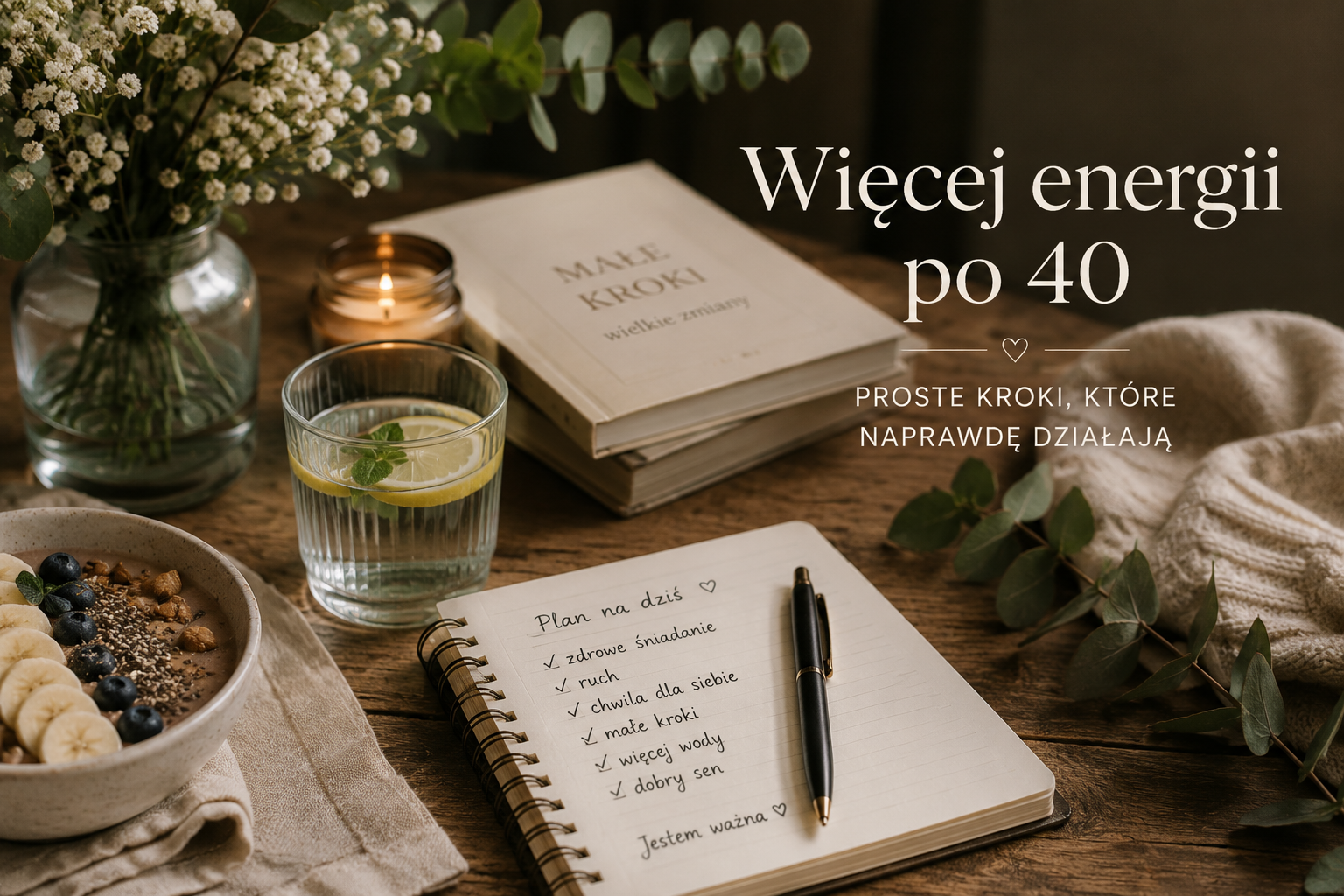 Wellness lifestyle po 40 — zdrowe śniadanie, planowanie dnia i codzienne rytuały wspierające więcej energii.